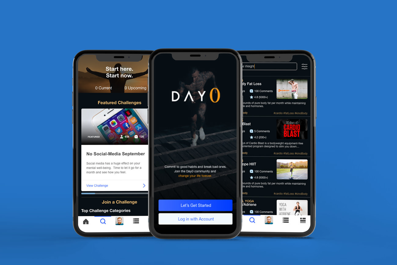 three iPhone mockups of the Day0 app fanned out